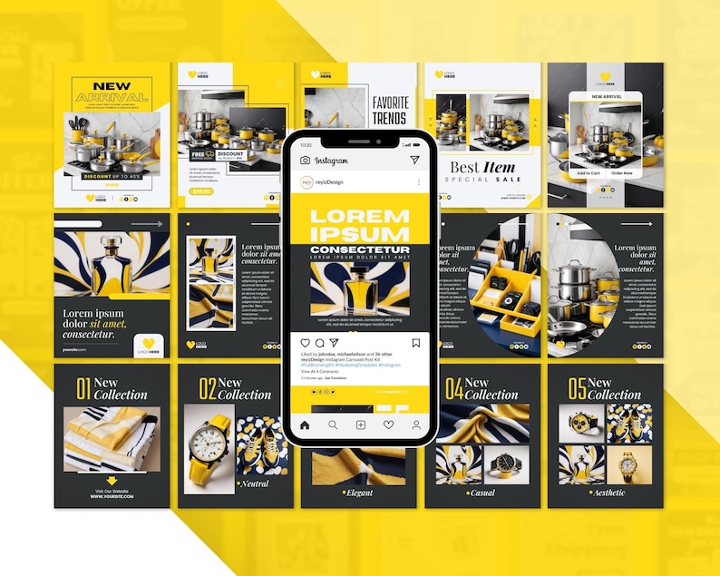 May include: A social media post template for a kitchenware brand. The template features a variety of products, including cookware, watches, and perfume. The template is designed to be used on Instagram and includes a call to action to "Shop Now".