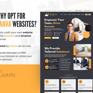 May include: A website design with a yellow and dark gray color scheme. The text reads "Why Opt for Canva Websites?" and "Empower Your Team, Drive Success." The website offers tailored solutions and strategic development.