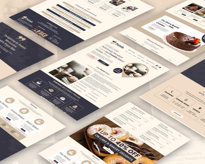 May include: A website homepage for a bakery called "Patisda" featuring a variety of cakes and pastries. The website includes a menu, contact information, and a call to action to book a cake or bakery order. The website also features a special offer for up to 40% off on cakes and bakery delights.