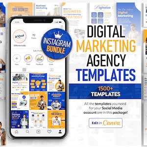 May include: A blue and yellow digital marketing agency template bundle for Instagram. The bundle includes 1500+ templates that can be edited in Canva. The image shows a phone screen with a preview of the templates and the text "Digital Marketing Agency Templates 1500+ Templates".