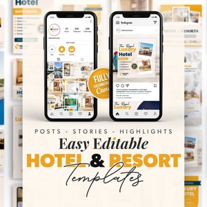Hotel Instagram Templates, Hotel & Resort Marketing Templates, Post, Story, Higlight Covers, Easy Edit in Canva