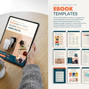 May include: A tablet screen displaying a mockup of an ebook template with the text "Lorem ipsum dolor sit amet, consectetur adipiscing elit." and "Michael Doe". The template is designed for tablet and wattpad size and includes 25 pages. The text "EBOOK TEMPLATES" is displayed in a blue and orange color scheme.