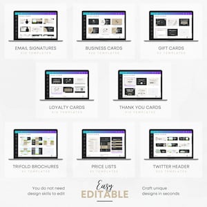 May include: A laptop screen displaying a variety of graphic design templates for social media, business cards, and other marketing materials. The templates are easy to edit and customize. The text on the screen reads "Easy Editable" and "Craft unique designs in seconds".