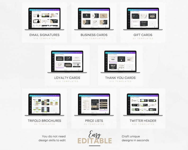 May include: A laptop screen displaying a variety of graphic design templates for social media, business cards, and other marketing materials. The templates are easy to edit and customize. The text on the screen reads "Easy Editable" and "Craft unique designs in seconds".
