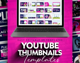 May include: A laptop displaying YouTube thumbnail templates. The screen shows various designs with placeholders for text and images. The background is a vibrant pink with the text "YOUTUBE THUMBNAILS templates" and "Edit in Canva".