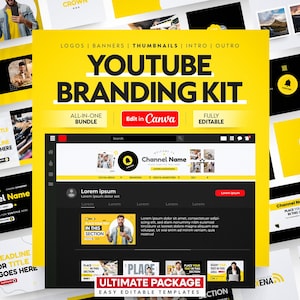 May include: A yellow and black YouTube Branding Kit with the text "YOUTUBE BRANDING KIT". The kit includes logos, banners, thumbnails, intro, and outro templates. It features an "Edit in Canva" button and is an "ALL-IN-ONE BUNDLE".