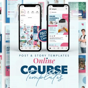 Peut inclure: Image promotionnelle présentant des maquettes de smartphones affichant des modèles de publications et d'histoires Instagram pour des cours en ligne. Les modèles présentent un code couleur rose, bleu et blanc avec le texte "Online Learning & Course" et "Online Course Templates."