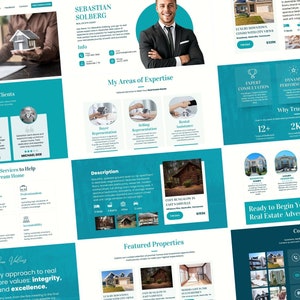Pode incluir: Uma p&aacute;gina inicial de site para um agente imobili&aacute;rio, Sebastian Solberg, com um esquema de cores azul e branco. O site destaca as &aacute;reas de especializa&ccedil;&atilde;o do agente, incluindo a representa&ccedil;&atilde;o do comprador, a representa&ccedil;&atilde;o do vendedor e a assist&ecirc;ncia de aluguel. O site tamb&eacute;m apresenta depoimentos de clientes satisfeitos e um chamado &agrave; a&ccedil;&atilde;o para entrar em contato com o agente.