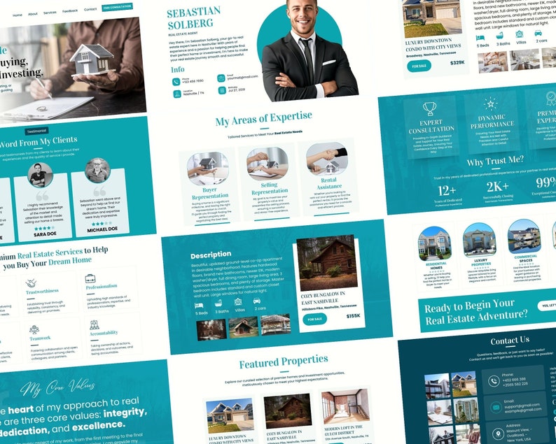 Pode incluir: Uma p&aacute;gina inicial de site para um agente imobili&aacute;rio, Sebastian Solberg, com um esquema de cores azul e branco. O site destaca as &aacute;reas de especializa&ccedil;&atilde;o do agente, incluindo a representa&ccedil;&atilde;o do comprador, a representa&ccedil;&atilde;o do vendedor e a assist&ecirc;ncia de aluguel. O site tamb&eacute;m apresenta depoimentos de clientes satisfeitos e um chamado &agrave; a&ccedil;&atilde;o para entrar em contato com o agente.