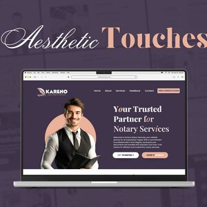 K&ouml;nnte beinhalten: Ein Laptop-Computer, auf dem eine Website f&uuml;r einen Notardienst namens "Kareno Notary Services" angezeigt wird. Die Website zeigt ein Foto eines Mannes im Anzug und mit Krawatte, mit dem Text "Ihr zuverl&auml;ssiger Partner f&uuml;r Notardienste".