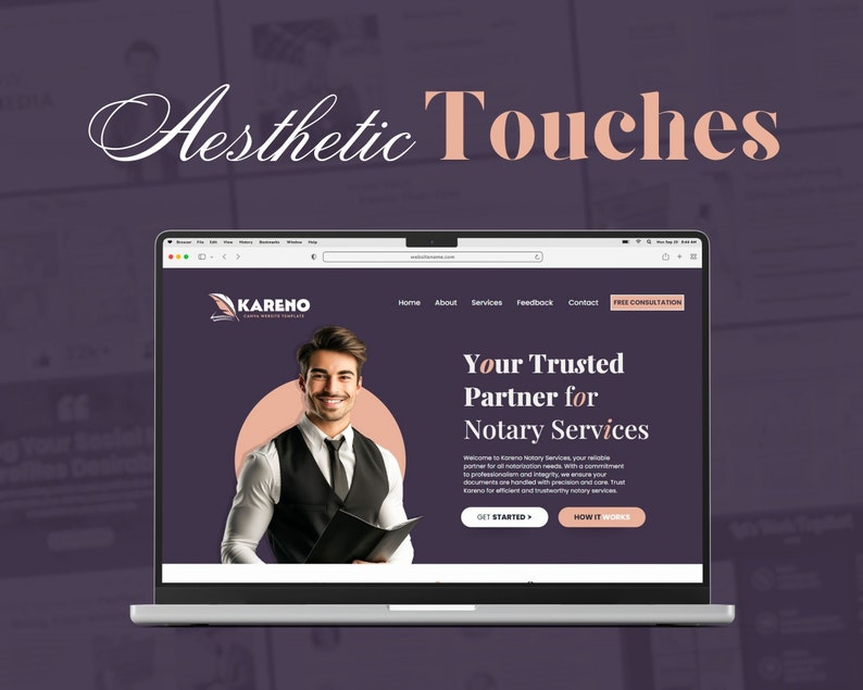 K&ouml;nnte beinhalten: Ein Laptop-Computer, auf dem eine Website f&uuml;r einen Notardienst namens "Kareno Notary Services" angezeigt wird. Die Website zeigt ein Foto eines Mannes im Anzug und mit Krawatte, mit dem Text "Ihr zuverl&auml;ssiger Partner f&uuml;r Notardienste".