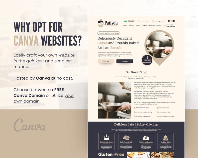 May include: A website screenshot for a bakery called Patisda, featuring a white background with brown text. The text reads "Deliciously Decadent Cakes and Freshly Baked Artisan Breads". The website also features a photo of a baker in a white chef's coat, holding a large metal bowl. The website also features a section called "Our Sweet Story" and a section called "Delicious Cake & Bakery Offerings".