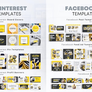 May include: A collection of social media templates for Pinterest and Facebook. The templates feature a yellow and black color scheme with various designs and text. The templates include board covers, pin templates, profile banners, post templates, feed ad templates, and cover templates.