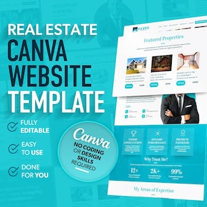 May include: A teal and white website template for real estate agents using Canva. The template features a professional design with a photo of a man in a suit, a section for featured properties, and a section about the agent's expertise. The text on the template says "Real Estate Canva Website Template", "Fully Editable", "Easy to Use", "Done for You", "No Coding or Design Skills Required", "Expert Consultation", "Dynamic Performance", "Premium Expertise", "Why Trust Me?", "12+ Years of Dedicated Service", "2K+ Successfully Closing Deals", "99% Experienced Opinions", and "My Areas of Expertise".
