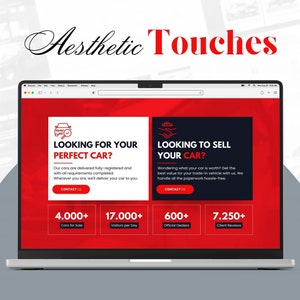 Puede incluir: La pantalla de un ordenador port&aacute;til que muestra un sitio web para un concesionario de autom&oacute;viles. El sitio web tiene un fondo rojo con texto blanco e iconos. El texto del sitio web dice "&iquest;Buscas tu coche perfecto?" y "&iquest;Quieres vender tu coche?" El sitio web tambi&eacute;n incluye estad&iacute;sticas sobre el concesionario, como el n&uacute;mero de coches a la venta, los visitantes por d&iacute;a, los concesionarios oficiales y las rese&ntilde;as de los clientes.