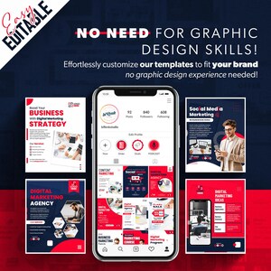 Może przedstawiać: Smartfon wyświetla szablony marketingu cyfrowego z tekstem &bdquo;NO NEED FOR GRAPHIC DESIGN SKILLS!&rdquo; i &bdquo;Easy Editable&rdquo;. Szablony obejmują &bdquo;Boost Your Business&rdquo; i &bdquo;Digital Marketing Agency&rdquo;.