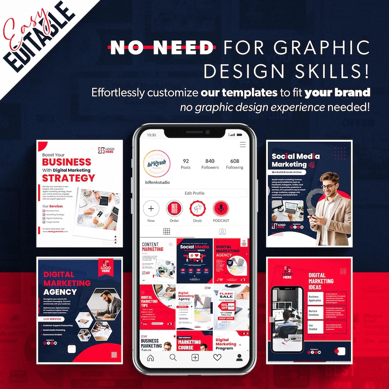 Może przedstawiać: Smartfon wyświetla szablony marketingu cyfrowego z tekstem &bdquo;NO NEED FOR GRAPHIC DESIGN SKILLS!&rdquo; i &bdquo;Easy Editable&rdquo;. Szablony obejmują &bdquo;Boost Your Business&rdquo; i &bdquo;Digital Marketing Agency&rdquo;.