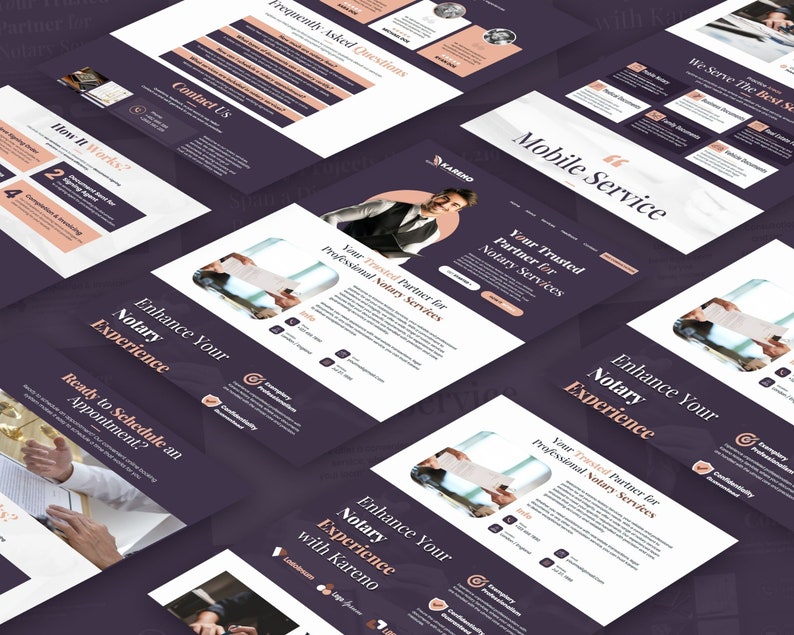 K&ouml;nnte beinhalten: Ein Screenshot einer Website f&uuml;r einen Notardienst namens Kareno. Die Website hat einen dunkelvioletten Hintergrund mit wei&szlig;em Text und Bildern. Die Website hebt den mobilen Service des Unternehmens und sein Engagement f&uuml;r eine professionelle und verbesserte Notarerfahrung hervor.