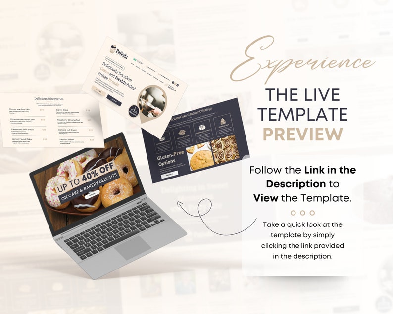 May include: A laptop computer screen displaying a website for a bakery with a sale on cakes and bakery delights. The website features a photo of a variety of donuts with sprinkles. The text on the screen reads "Up to 40% off on cake & bakery delights".