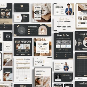 May include: A collection of marketing materials for a business, featuring a black and white color scheme with pops of beige. The materials include business cards, social media posts, order forms, and loyalty cards. The text on the materials includes phrases like "Best Product", "40% Off", "Just For You", and "Scan To Pay".