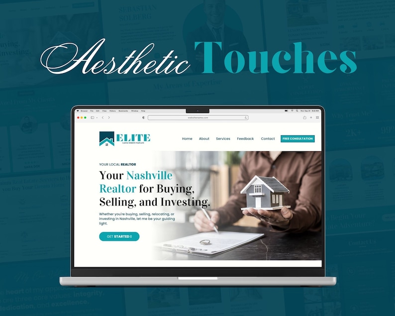 Pode incluir: Um computador port&aacute;til exibindo um site para um corretor de im&oacute;veis em Nashville, Tennessee. O site &eacute; intitulado "Your Nashville Realtor for Buying, Selling, and Investing." O site tem um bot&atilde;o que diz "Get Started".