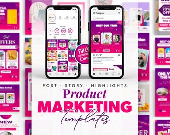 Puede incluir: Una colección de plantillas de redes sociales rosa y morado para la comercialización de productos. Las plantillas presentan una variedad de diseños, que incluyen texto, imágenes y gráficos. El texto incluye frases como "Mejores ofertas", "Nueva llegada", "Conoce a nuestro equipo" y "Totalmente personalizable".