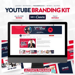 Kit de marca de YouTube, plantillas de marca, plantillas Canva para canales de YouTube, diseño de miniaturas, logotipo, introducción, cierre, kit de marca todo en uno