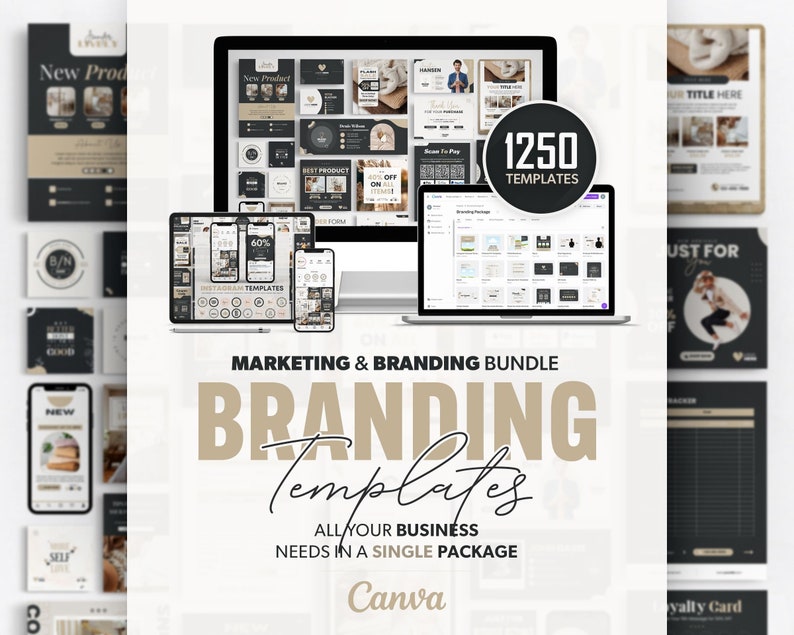 May include: A digital marketing and branding bundle with 1250 templates for Canva. The bundle includes templates for social media, website, email, and more. The templates are designed in a modern, minimalist style with a black and white color scheme.