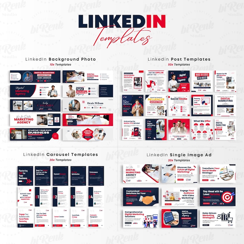 Może przedstawiać: Obraz promocyjny prezentujący r&oacute;żne szablony LinkedIn dla marketingu cyfrowego. Szablony podzielone są na zdjęcia w tle, szablony post&oacute;w, szablony karuzeli i reklamy pojedynczych obraz&oacute;w, wszystkie w kolorach granatowym, czerwonym i białym.