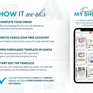 Pode incluir: Um gr&aacute;fico azul e branco com instru&ccedil;&otilde;es sobre como usar o Canva para criar e vender produtos no Etsy. O gr&aacute;fico inclui uma captura de tela do aplicativo Etsy com v&aacute;rias listas de produtos.
