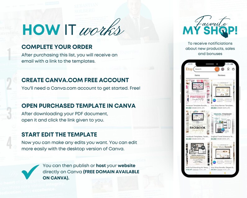 Pode incluir: Um gr&aacute;fico azul e branco com instru&ccedil;&otilde;es sobre como usar o Canva para criar e vender produtos no Etsy. O gr&aacute;fico inclui uma captura de tela do aplicativo Etsy com v&aacute;rias listas de produtos.