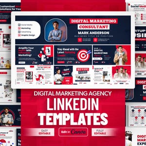 May include: A collection of digital marketing templates with a red and white color scheme. The templates include designs for social media, marketing, advertising, and graphic design. Text includes "Digital Marketing Consultant" and "LinkedIn Templates."
