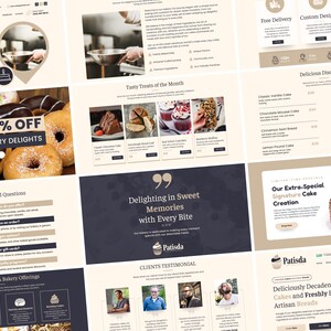 May include: A website for a bakery called Patisda, featuring a variety of cakes, pastries, and breads. The website includes a menu with prices, a section on custom designs, and a testimonial section. The website also features a tagline: "Delighting in Sweet Memories with Every Bite".