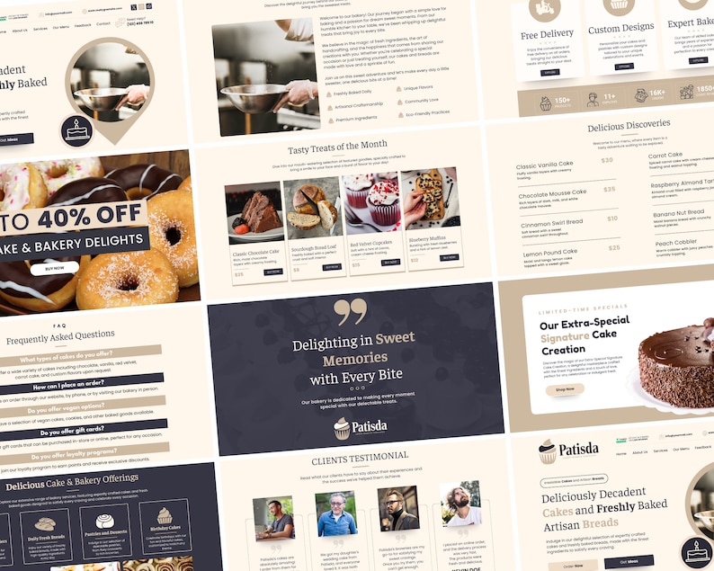 May include: A website for a bakery called Patisda, featuring a variety of cakes, pastries, and breads. The website includes a menu with prices, a section on custom designs, and a testimonial section. The website also features a tagline: "Delighting in Sweet Memories with Every Bite".