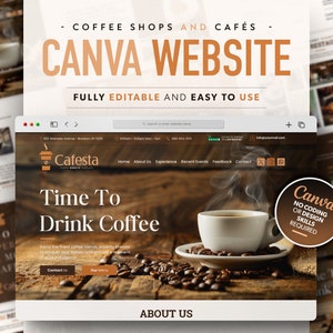 コーヒーショップ向けCanvaウェブサイトテンプレート、カフェ向けCanvaウェブサイト、簡単に編集できるウェブサイトテンプレート、ワンページウェブサイト、モダンデザイン