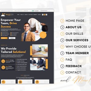May include: A website design with a dark gray and yellow color scheme. The website's headline reads "Empower Your Team, Drive Success." The site includes sections for "Home Page," "About Us," "Our Services," and more. The website's design is modern and professional.