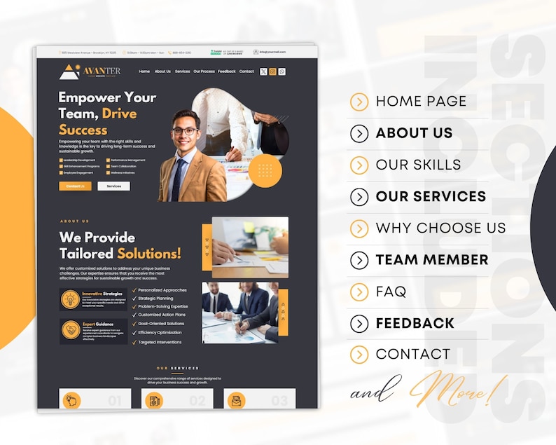 May include: A website design with a dark gray and yellow color scheme. The website's headline reads "Empower Your Team, Drive Success." The site includes sections for "Home Page," "About Us," "Our Services," and more. The website's design is modern and professional.