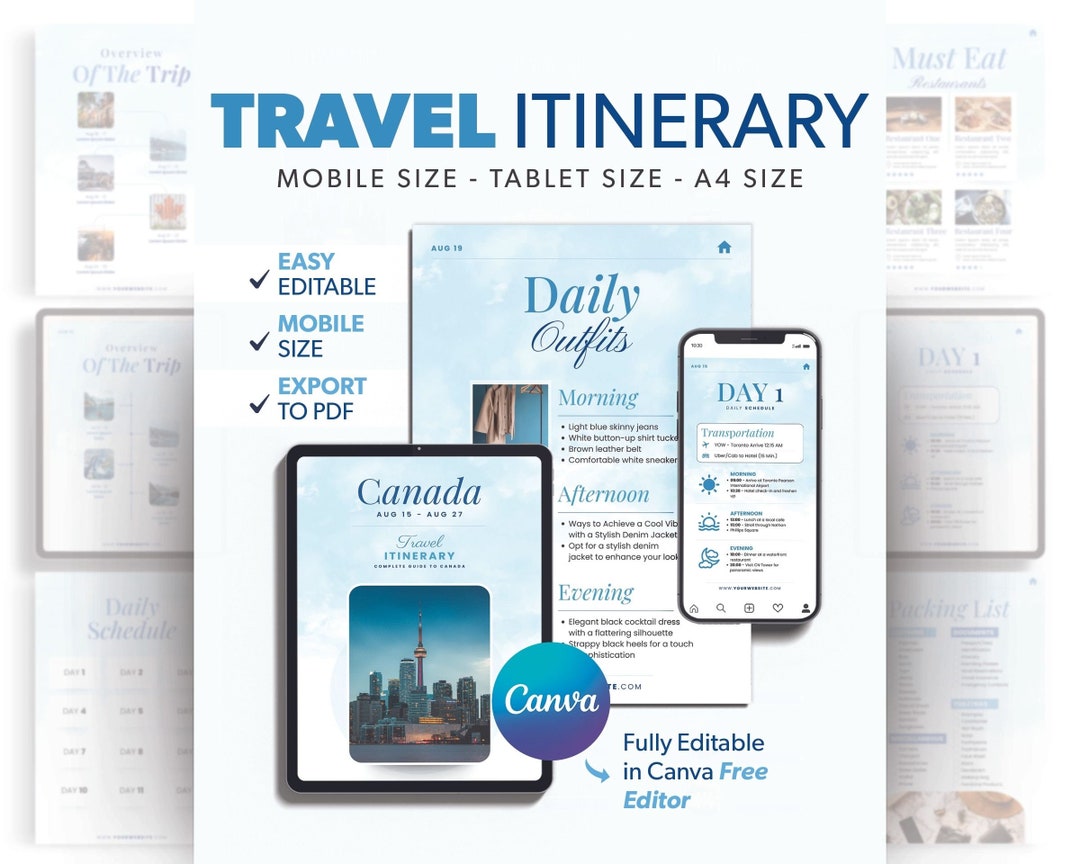 Travel Itinerary Template, Canada Vacation Itinerary Template, Canada