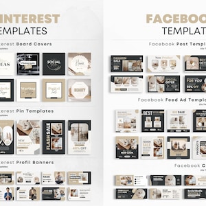 May include: A collection of social media templates for Pinterest and Facebook. The templates feature a minimalist design with black, white, and beige colors. The templates are designed for use with various social media platforms, including Pinterest and Facebook.