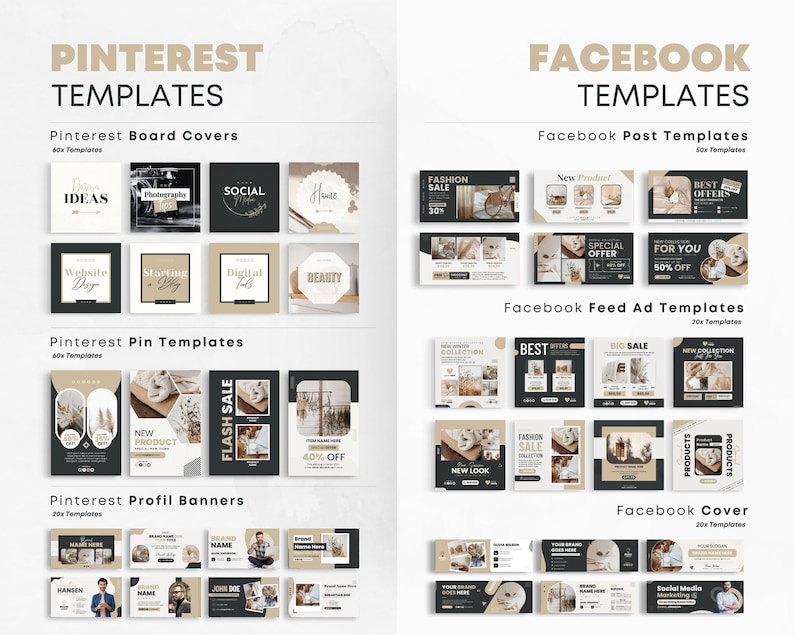May include: A collection of social media templates for Pinterest and Facebook. The templates feature a minimalist design with black, white, and beige colors. The templates are designed for use with various social media platforms, including Pinterest and Facebook.