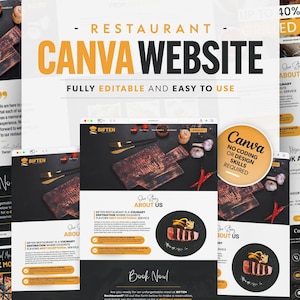 May include: A website template for a restaurant called "BIFTEN" with a black background and images of food, including steak, garlic, and chili peppers. The text "Canva" is displayed in a yellow circle with the text "No coding or design skills required". The text "Book Now!" is displayed in a white rectangle with a black border.