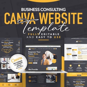 Può includere: Un modello di marketing digitale per la consulenza aziendale, con un laptop che mostra un design del sito web. Il design include il testo "CANVA WEBSITE TEMPLATE" e "FULLY EDITABLE AND EASY TO USE". Il modello mostra varie sezioni del sito web.