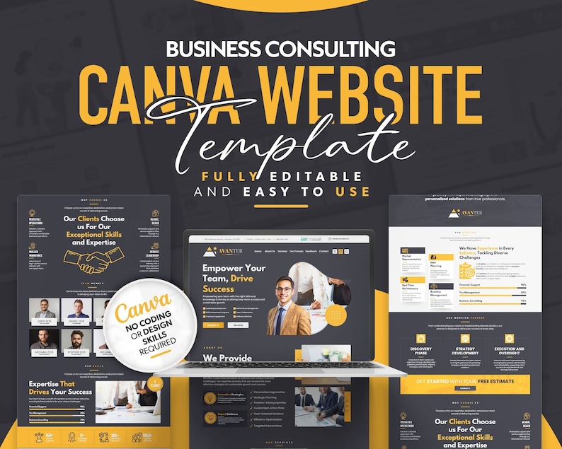 May include: A digital marketing template for business consulting, featuring a laptop displaying a website design. The design includes the text "CANVA WEBSITE TEMPLATE" and "FULLY EDITABLE AND EASY TO USE". The template showcases various website sections and design elements.