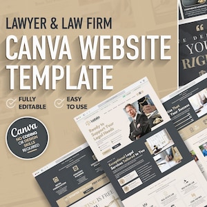 Puede incluir: Una plantilla de sitio web de Canva para abogados y bufetes de abogados. La plantilla presenta un esquema de color gris oscuro y dorado con un diseño profesional y moderno. El texto en la plantilla dice "Abogado y bufete de abogados Plantilla de sitio web de Canva", "Totalmente editable", "Fácil de usar", "Canva No se requieren habilidades de codificación o diseño", "Listo para apoyar sus necesidades legales", "Servicios legales excepcionales adaptados a usted", "Comience con su presupuesto gratuito", "Los precios son gratuitos", "Derecho inmobiliario", "Derecho sanitario", "Socio legal", "Defienda sus derechos".