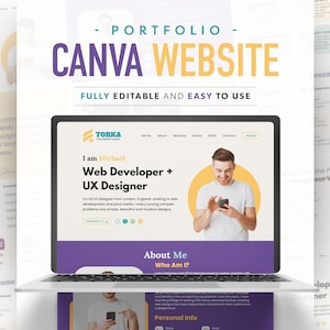 May include: A laptop computer displaying a website with a purple background and a yellow circle. The website is for a web developer and UX designer named Michael. The text on the website reads "I am Michael, Web Developer + UX Designer".