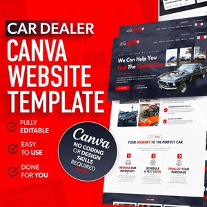 May include: A website template for car dealerships, designed using Canva. The template features a dark blue background with white text and images of cars. The text "We Can Help You Find The Perfect Car" is prominently displayed. The template is fully editable and easy to use, requiring no coding or design skills.