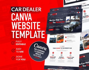Pode incluir: Um modelo de site para concessionárias de automóveis, projetado usando Canva. O modelo apresenta um fundo azul escuro com texto branco e imagens de carros. O texto "We Can Help You Find The Perfect Car" é exibido de forma proeminente. O modelo é totalmente editável e fácil de usar, não requerendo habilidades de codificação ou design.