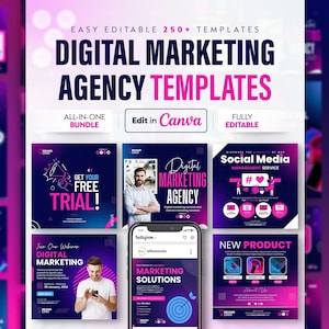 Peut inclure: Un collage de modèles d'agence de marketing numérique colorés pour les médias sociaux. Les modèles présentent une variété de designs, y compris des formes géométriques, des dégradés et du texte. Le texte comprend des phrases comme "Obtenez votre essai gratuit !" et "Agence de marketing numérique".