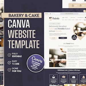 May include: A Canva website template for bakeries and cake shops. The template features a modern design with a focus on delicious cakes and freshly baked artisan breads. The template is fully editable and easy to use, with no coding or design skills required.