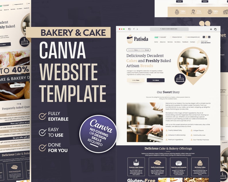 May include: A Canva website template for bakeries and cake shops. The template features a modern design with a focus on delicious cakes and freshly baked artisan breads. The template is fully editable and easy to use, with no coding or design skills required.